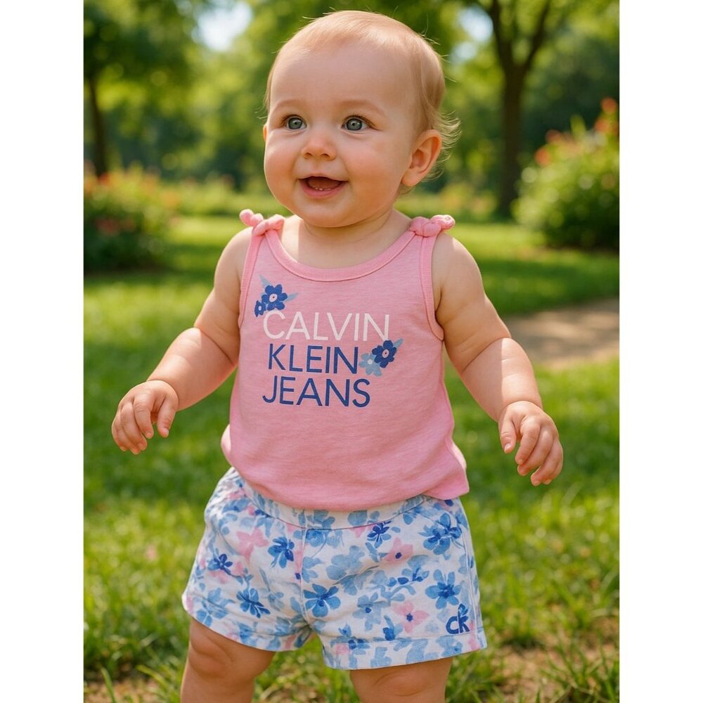 New CALVIN KLEIN Baby Girl 12M Matching Summer Set Floral Tank Top & Shorts